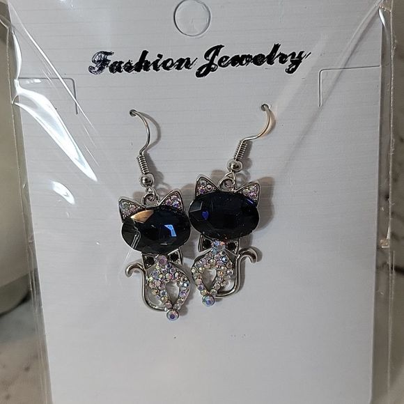 Dark navy blue silver cat earrings - Picture 1 of 3
